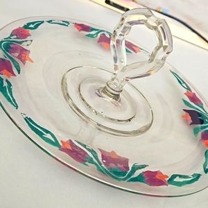 30s 40s Fleur Appetizer Serving Tray cut Glass handle Handpainted